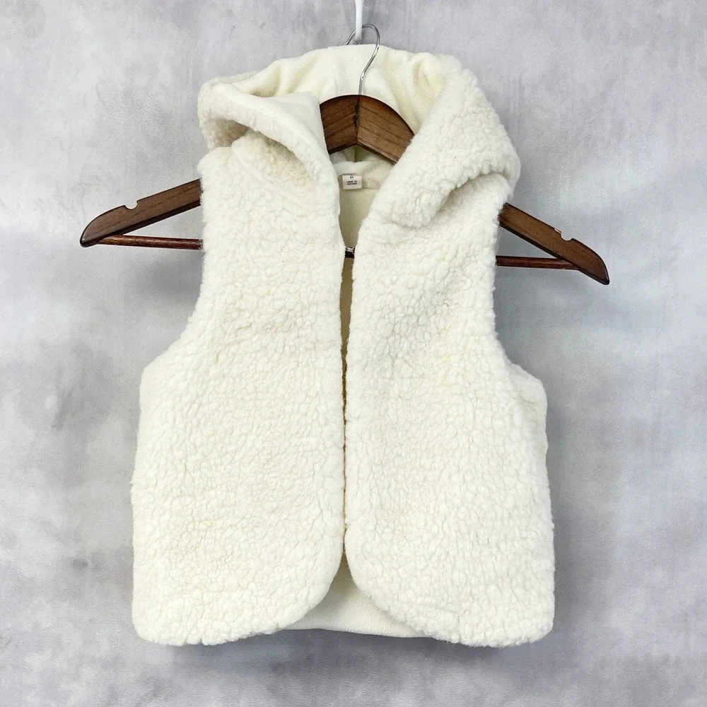 Lands End Teddy Sherpa Hooded Vest Kids 6X Cozy Cabin Minimal Outerwear Layering